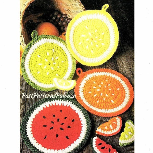 Vintage Crochet Pattern Fruit Slices Pot Holders Fridge Magnets Set PDF Instant Digital Download Watermelon Citrus Slices Potholders 4 Ply