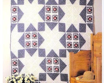 Vintage Crochet Pattern Texas Star Quilt and Rose Granny Square Afghan PDF Instant Digital Download Square Blanket 72x72" 10 Ply