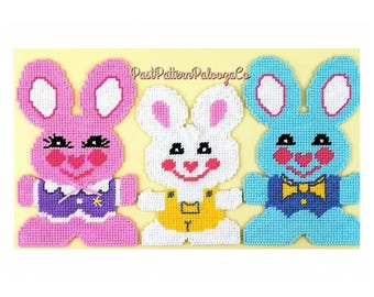 Vintage Easter Plastic Canvas Pattern Cute Bunny Family Wall Hanging PDF Instant Digital Download 10x16 Easy Beginners
