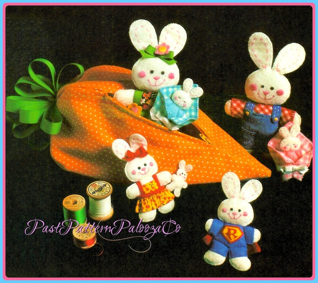 Vintage Sewing Pattern Felt Farmer Bunny Family in Carrot House