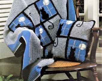 Couverture carrée au crochet vintage Afghan et motif de coussin PDF à téléchargement numérique instantané Chats noirs Moonlight Windows