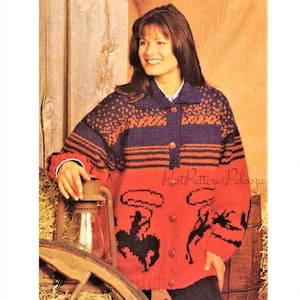 Vintage Knitting Pattern Womens Western Cardigan Jacket PDF Instant Digital Download Knit Fair Isle Cowichan Rodeo Sweater Coat Bulky 12 Ply