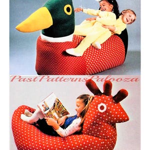 Vintage Childs Beanbag Cushion Chair Sewing Pattern Large Red Hen and Mallard Duck Sit On Ride On Fabric Toys PDF Instant Digital Download