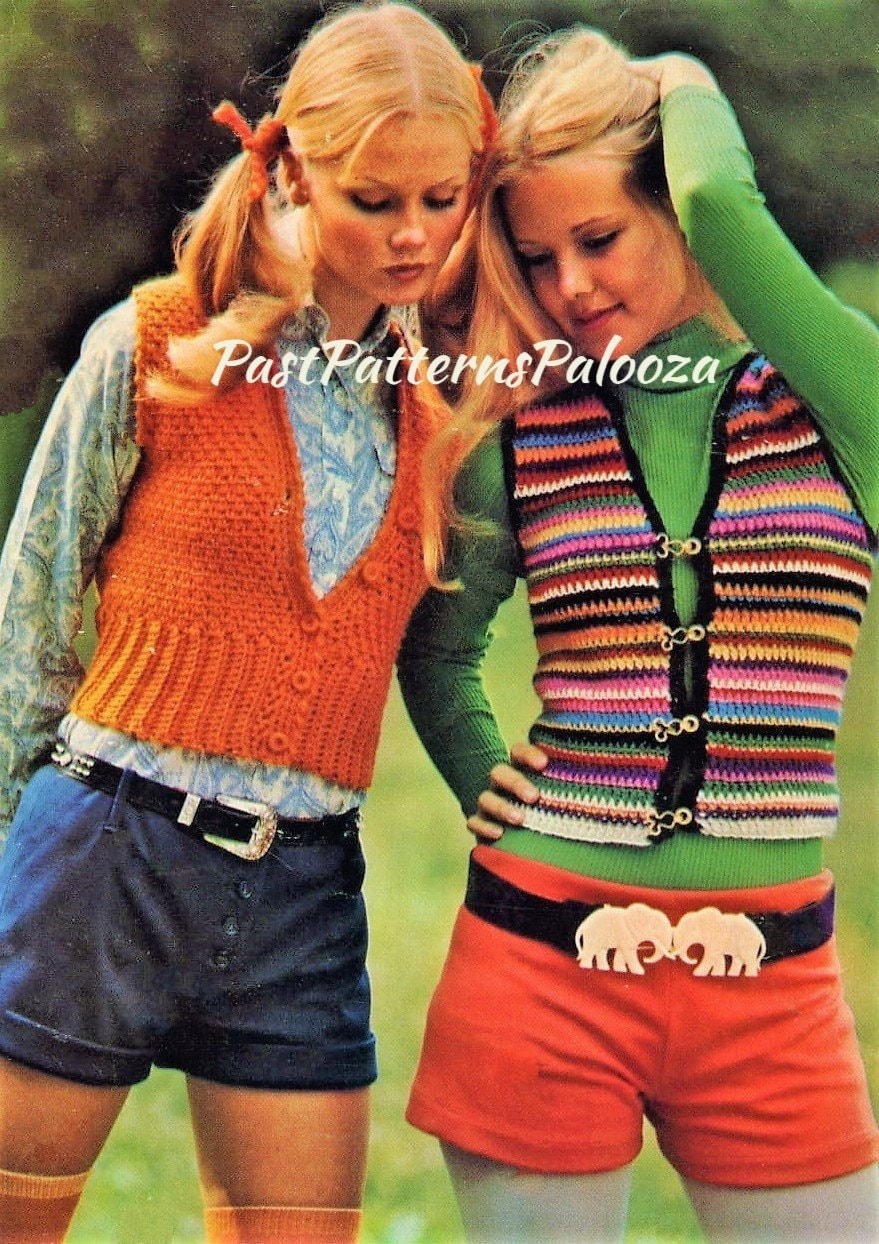Vintage Crochet Pattern Womens Cropped Cardi Vest & Rainbow