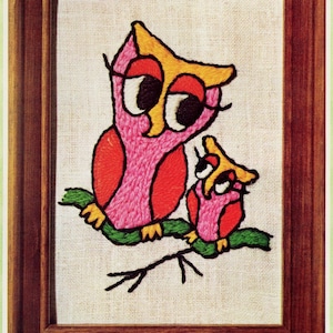 Vintage Crewel Embroidery Pattern Owl Family On Branch Mom &  Baby Owlet PDF Instant Digital Download Kitsch Owls 5x7"