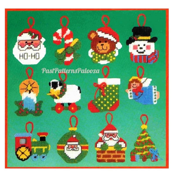 Vintage Plastic Canvas Pattern 12 Cute Fun Christmas Ornaments PDF Instant Digital Download Hanging Holiday Tree Trim Santa Train Snowman 2"