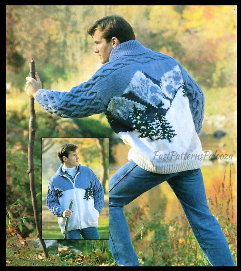 Vintage Knitting Pattern Mens Mountain Sweater Jacket Cabled PDF Instant Digital Download Northern Mountain Scene Front Zip Style 12 Ply image 1