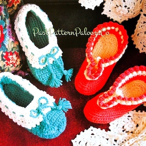 May include: Four crocheted slippers, two teal and two red, with white trim. The slippers have a tassel detail and are laid out on a white crocheted surface.