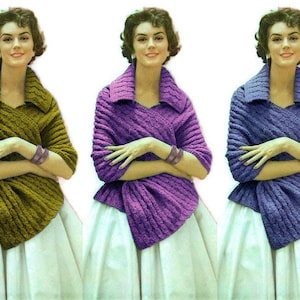 May include: Three women wearing different colored knitted shawls. The shawls are a deep green, purple, and blue. The women are wearing white dresses and have their arms crossed.