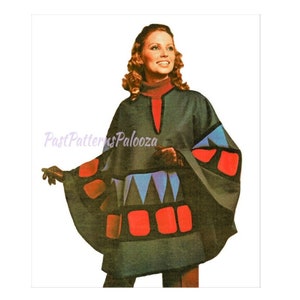 May include: A vintage sewing pattern for a green and red geometric patterned poncho. The pattern is from the 1970s and features a woman wearing the poncho.
