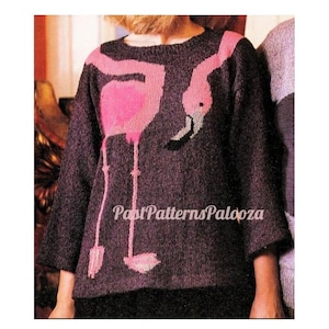 Vintage Knitting Pattern Flamingo Sweater Wraparound Neck PDF Instant Digital Download Womens Adult Pullover Novelty Jumper DK 8 Ply