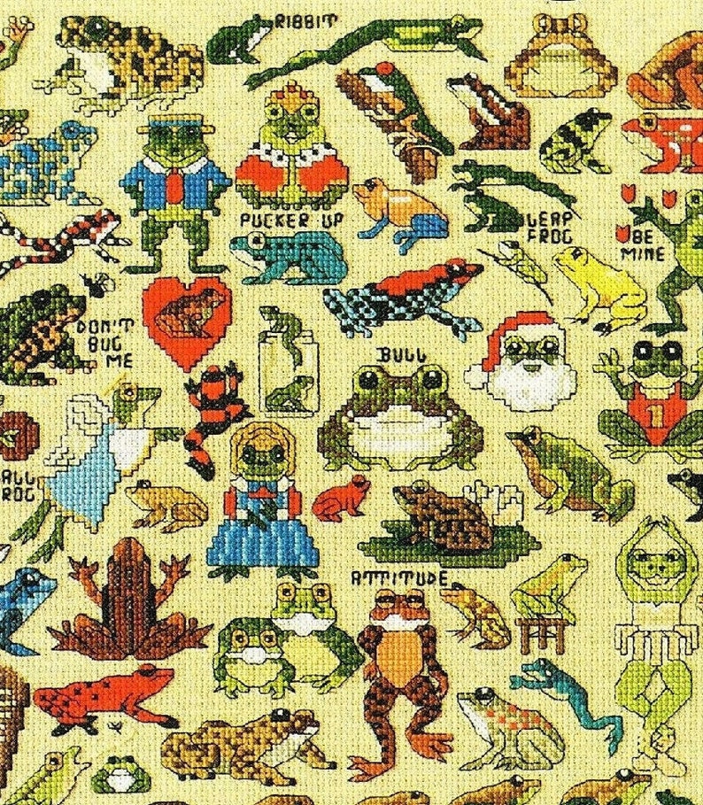 Vintage Cross Stitch Patterns Cute Mini Frog Motifs PDF Instant Digital Download Embroidery Kitsch Quirky Froggy Love Designs A1 image 1