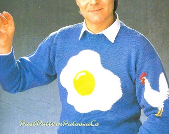 Vintage Knitting Pattern Sunny Side Up Egg and Chicken Sweater PDF Instant Digital Download Womens Mens Adults Funny Novelty Jumper 4 Ply