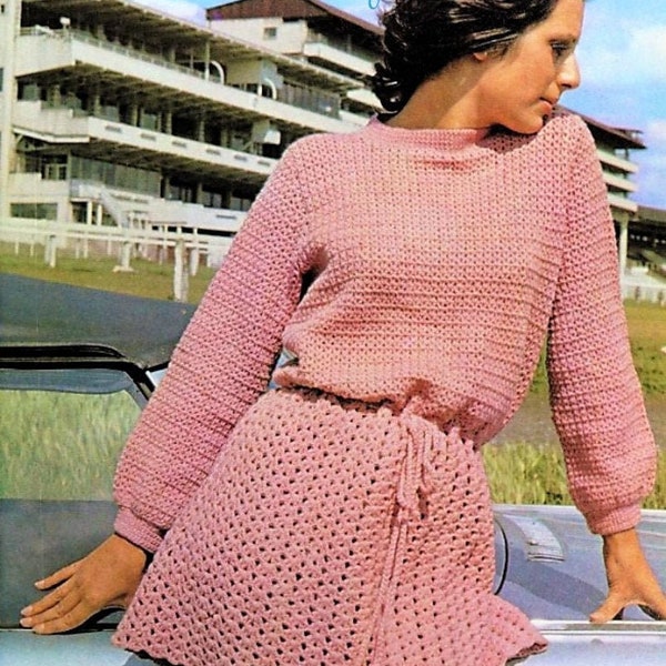 Joli chemisier au crochet vintage pour femme, robe surmontée d'un PDF en téléchargement numérique instantané, taille cintrée, point de coquille triple 4 épaisseurs, 1971