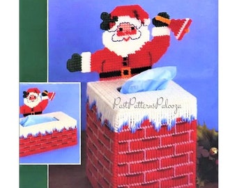 Vintage Plastic Canvas Christmas Tissue Box Cover Pattern Santa Chimney Holiday Tissue Topper PDF Instant Digital Download 2 Sizes 7 Count