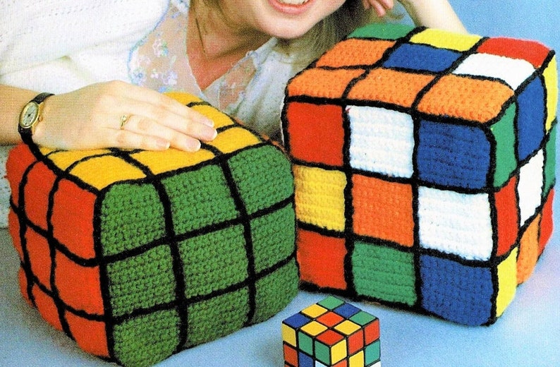 Vintage Crochet Pattern 8" Rubik's Cube Square Puzzle Pillow or Toy PDF Instant Digital Download Retro 1980s Plush Novelty Amigurumi 4 Ply imagem 6