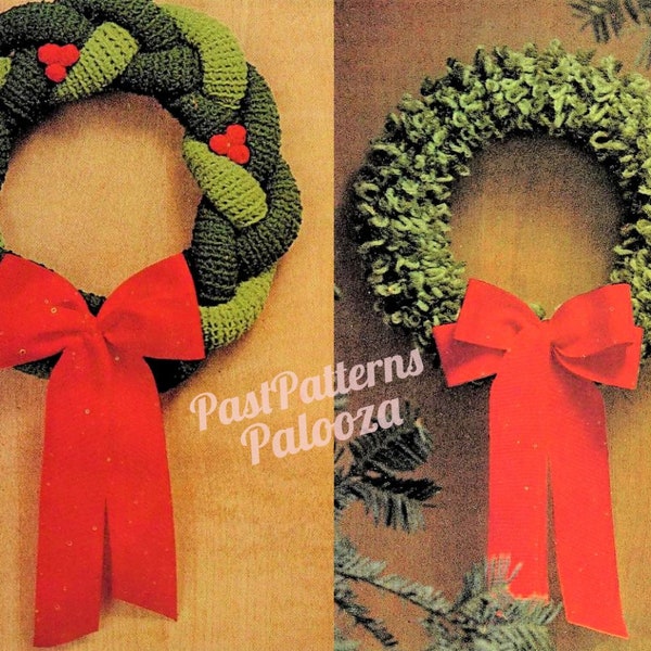 Vintage Crochet Christmas Wreath Patterns 12" Braided and Loopy Loop Stitch PDF Instant Digital Download Holiday Door Wall Hangings 10 Ply