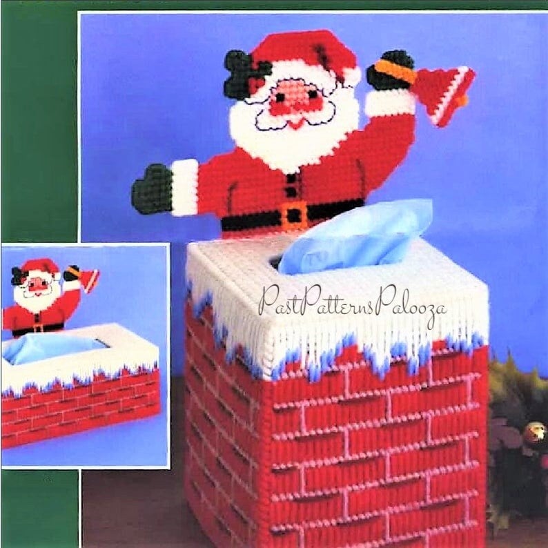 Vintage Plastic Canvas Christmas Tissue Box Cover Pattern Santa Chimney ...