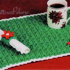 Vintage Crochet Pattern Christmas Poinsettia Placemat and Napkin Ring Holder Set PDF Instant Digital Download Holiday Table Setting 12 Ply