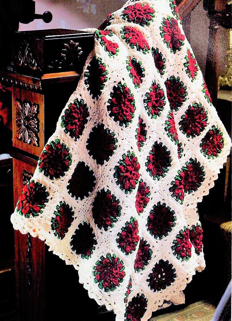 Vintage Crochet Pattern Christmas Poinsettia Flower Afghan Pattern