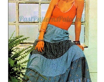 Patron de couture vintage femme jupe longue paysanne prairie à plusieurs niveaux, coton imprimés PDF téléchargement numérique instantané rétro des années 70 bohème hippie chic