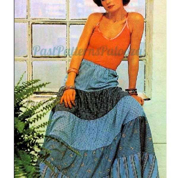 Vintage Sewing Pattern Womens Tiered Peasant Prairie Maxi Skirt Cotton Prints PDF Instant Digital Download Retro 70s Boho Hippie Chic