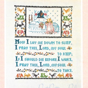 Può includere: Uno schema di ricamo a punto croce con un bambino che prega nel letto con il testo "Now I lay me down to sleep, I pray thee, Lord, my soul to keep; If I should die before I wake, I pray thee, Lord, my soul to take."