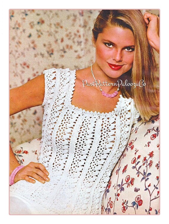 Vintage Crochet Pattern Womens Picot Edge Lacy Top Short Sleeves