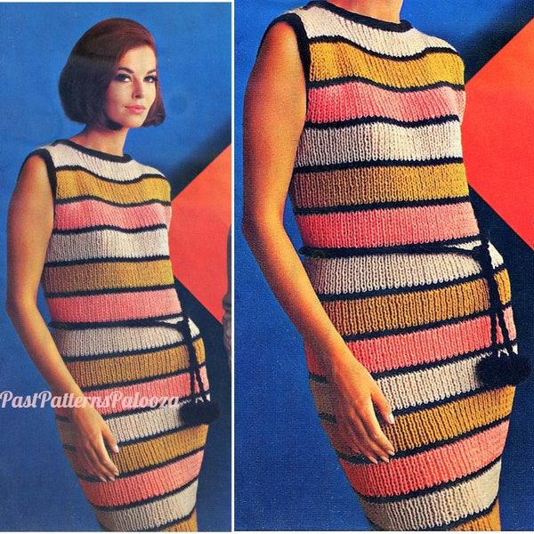 Vintage Knitting Pattern Womens Striped Sleeveless Dress Knit Summer Shift PDF Instant Digital Download Retro Mod Boho Chic 10 Ply