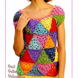 Vintage Crochet Pattern Womens Rainbow Triangles Patchwork Top PDF Instant Digital Download Retro Boho Granny Squares Jumper 5 Ply
