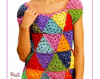 Vintage Crochet Pattern Womens Rainbow Triangles Patchwork Top PDF Instant Digital Download Retro Boho Granny Squares Jumper 5 Ply