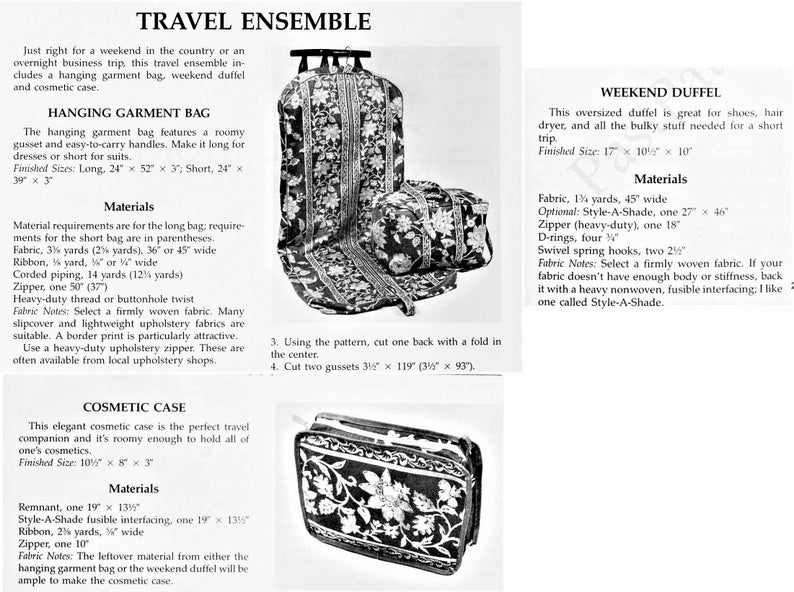 Vintage Travel Ensemble Sewing Pattern Hanging Garment Bag Tote Duffle Bag Cosmetic Case PDF Instant Digital Download Fabric Travel Trio afbeelding 3