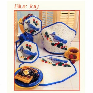 Vintage Crochet Pattern Blue Jay Bird Kitchen Set PDF Instant Digital Download Tea Cosy Place Mat Pot Holder Towel Topper 10 Ply