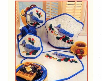 Ensemble de cuisine vintage au crochet motif geai bleu oiseau PDF téléchargement numérique instantané thé napperon confortable porte-serviette 10 épaisseurs