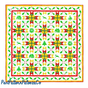May include: A red, green, and yellow quilt block pattern with a white background. The pattern features a variety of Christmas-themed motifs, including stars, houses, trees, and reindeer. The quilt block is surrounded by a green and gold border.