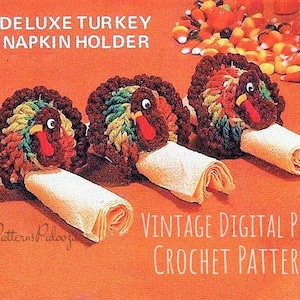 Vintage Crochet Pattern Thanksgiving Tom Turkey Napkin Ring Holders PDF Instant Digital Download Amigurumi Holiday Table Setting 4 Ply