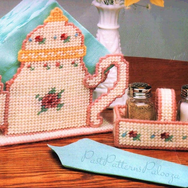 Vintage Plastic Canvas Pattern Victorian Rose Teapot Napkin Holder and Salt Pepper Caddy Set PDF Instant Digital Download Table Setting