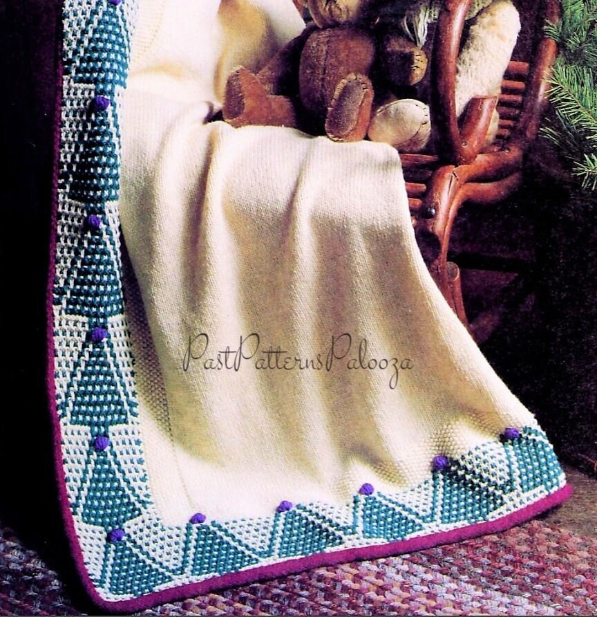Vintage Christmas Afghan Knitting Pattern Pretty Mosaic Trees Border PDF Instant Digital Download Cozy Holiday Throw Blanket 10 Ply