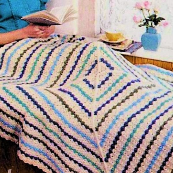 Vintage Crochet Pattern Striped Triangles Square Afghan Blanket and Pillow Set PDF Instant Digital Download 54" 10 Ply
