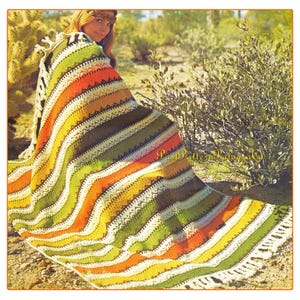 Vintage Knitting Afghan Pattern Tribal Stripes Blanket PDF Instant Digital Download Southwestern Throw Braided Fringe 10 Ply