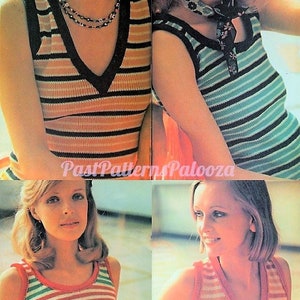 Vintage Knitting Pattern Womens Summer Striped Tops Round V Neck Sleeveless Tank Tees PDF Instant Digital Download 4 Ply