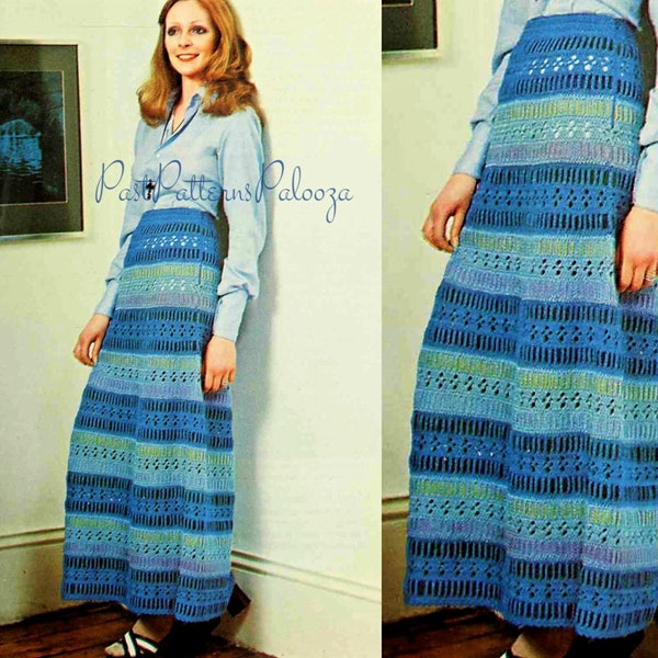 Vintage Crochet Pattern Womens Striped Maxi Skirt PDF Instant Digital Download Boho Gypsy Hippie Chic DK 8 Ply