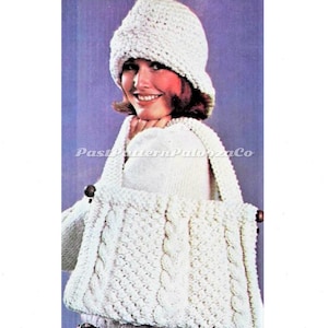Vintage Womens Irish Duo Crochet Nubby Hat and Knitted Hand Bag Set Pattern PDF Instant Digital Download Cable Paneled Handbag Aran Yarn