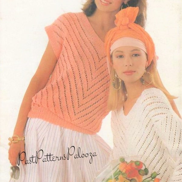 Vintage Knitting Pattern Womens Loose Knit Cotton Summer Tops Openwork Lace Short & Long Sleeved PDF Instant Digital Download