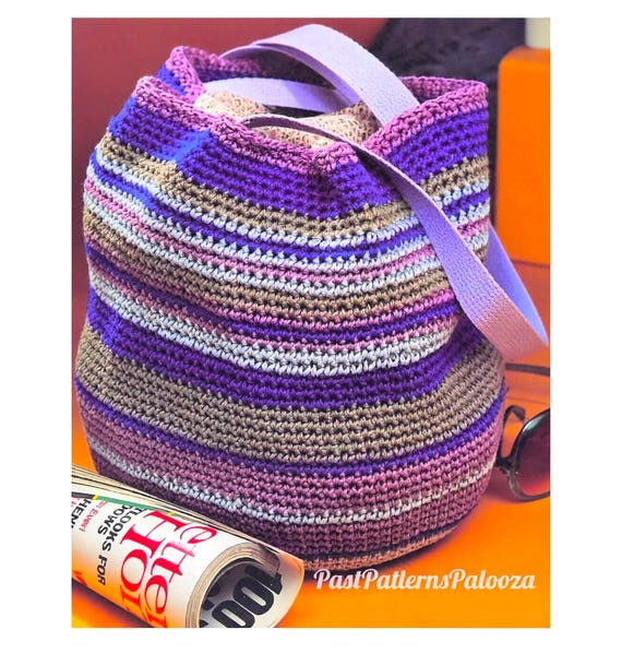 Vintage Crochet Pattern 16" Large Shopping Tote Striped Round Cotton Bag PDF Instant Digital Download