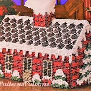 Vintage Plastic Canvas Pattern Snowy Gingerbread Cabin Large Tissue Box Cover Christmas Tissue Topper PDF Instant Digital Download 7 Count