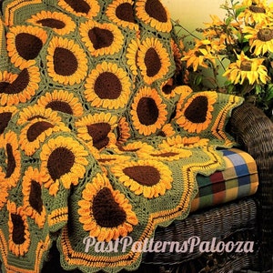 Vintage gehaakte zonnebloemen Afghaans patroon PDF Instant Digitale Download Mooie Sun Flower Garden Deken 10 Ply
