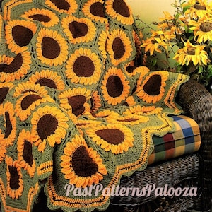 Vintage gehaakte zonnebloemen Afghaans patroon PDF Instant Digitale Download Mooie Sun Flower Garden Deken 10 Ply