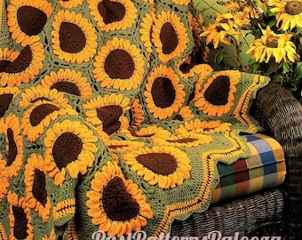 Vintage Crochet Sunflowers Afghan Pattern PDF Instant Digital Download Beautiful Sun Flower Garden Blanket 10 Ply