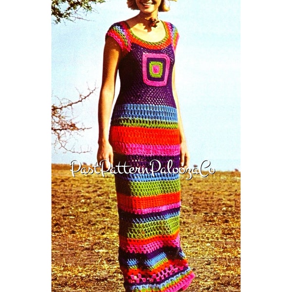 Vintage Crochet Pattern Womens Rainbow Granny Square Maxi Dress PDF Instant Digital Download Groovy Boho Long Summer Sundress 4 Ply